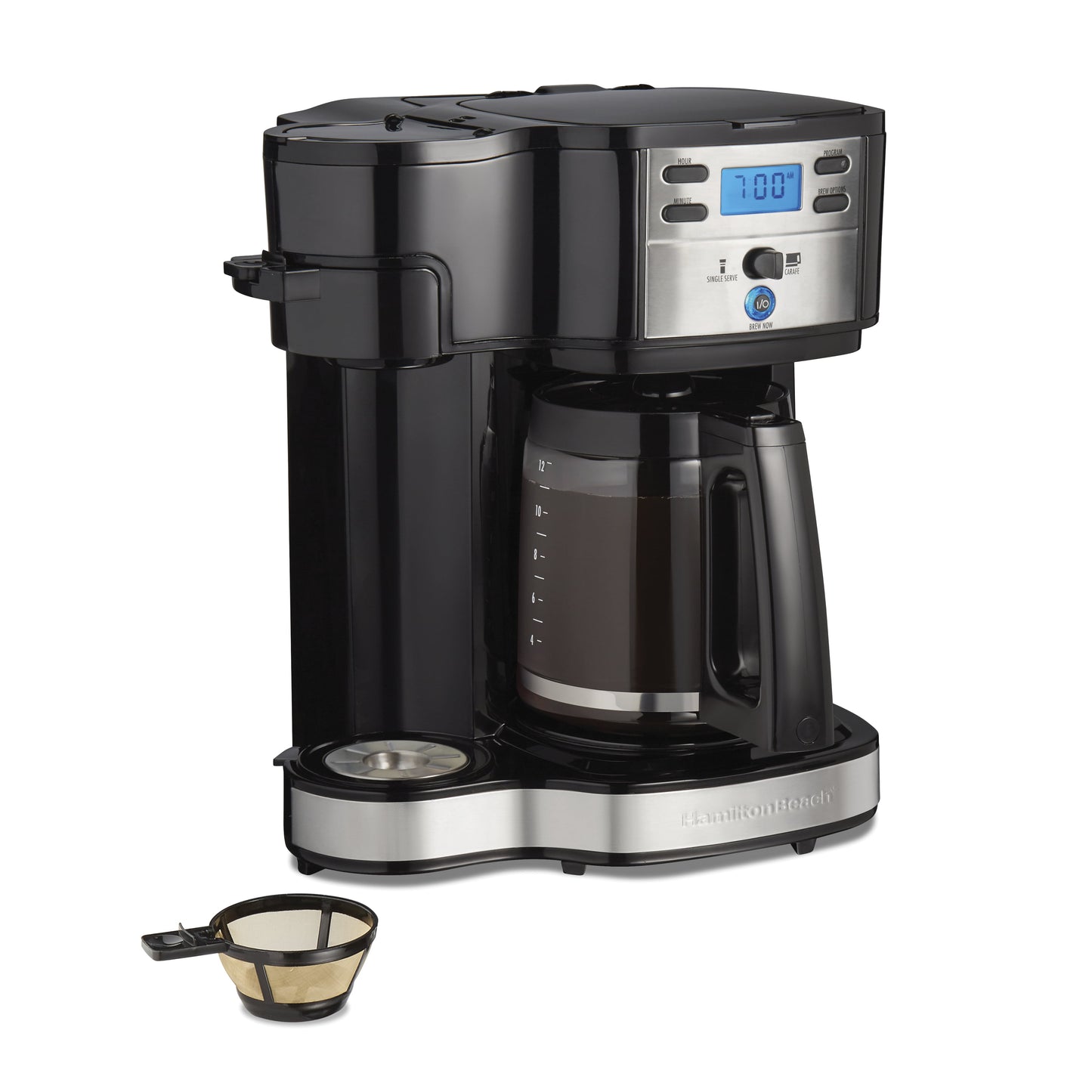 Hamilton Beach 2-Way Programmable Coffee Maker, Single-Serve and 12-Cup Pot, Stainless Steel, Glass Carafe, 47650