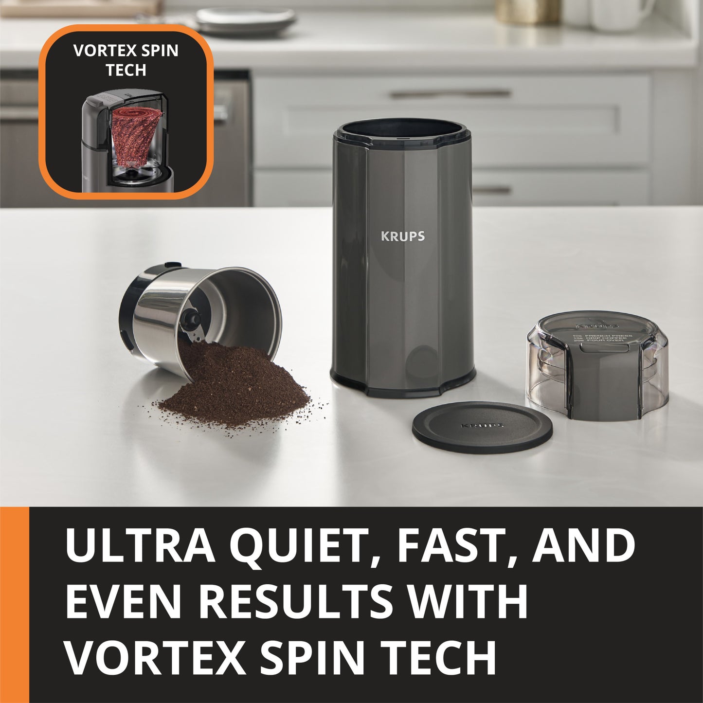 KRUPS Silent Vortex Electric Coffee and Spice Blade Grinder GX332B50 Grey with removable Stainless Steel Grinder Bowl
