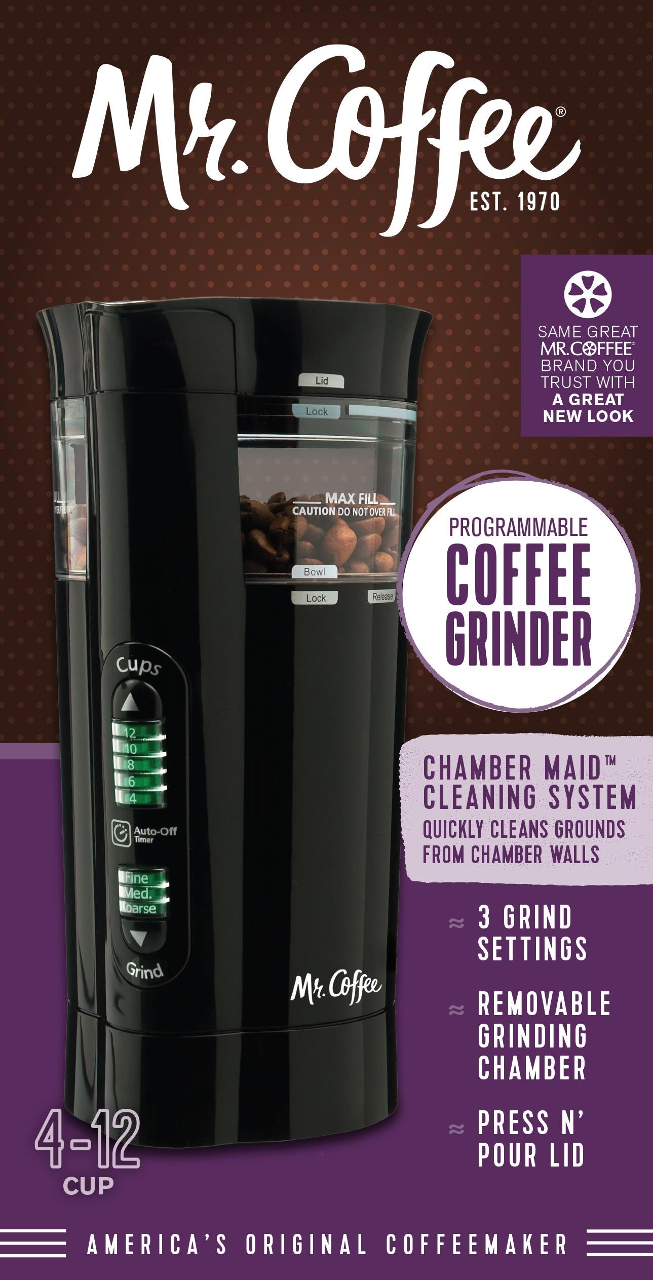 Mr. Coffee 12 Cup Electric Black Coffee Grinder with Multiple Settings