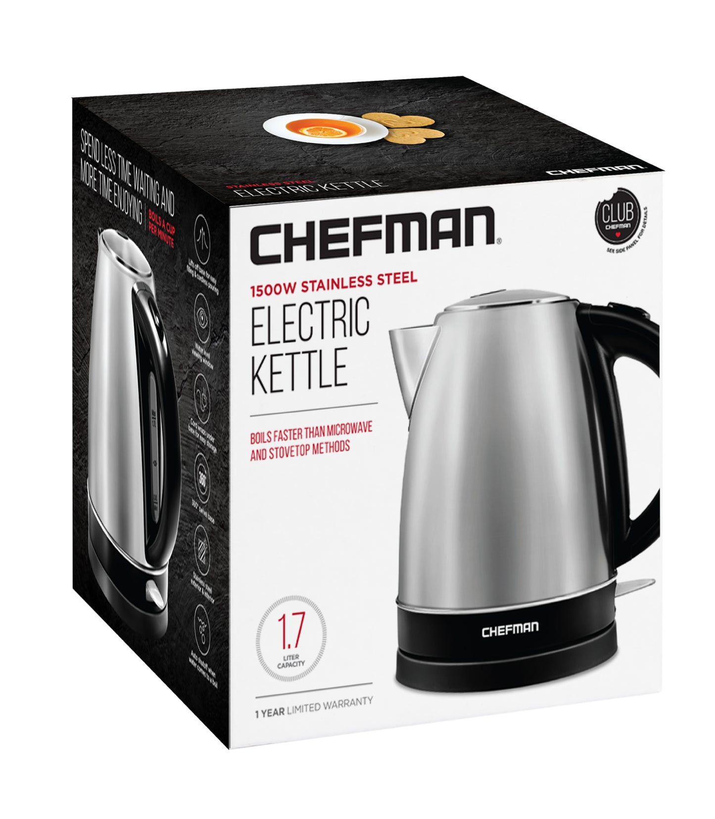 Chefman Stainless Steel Electric Kettle with 360° Swivel Base, Auto Shut Off & Boil Dry Protection