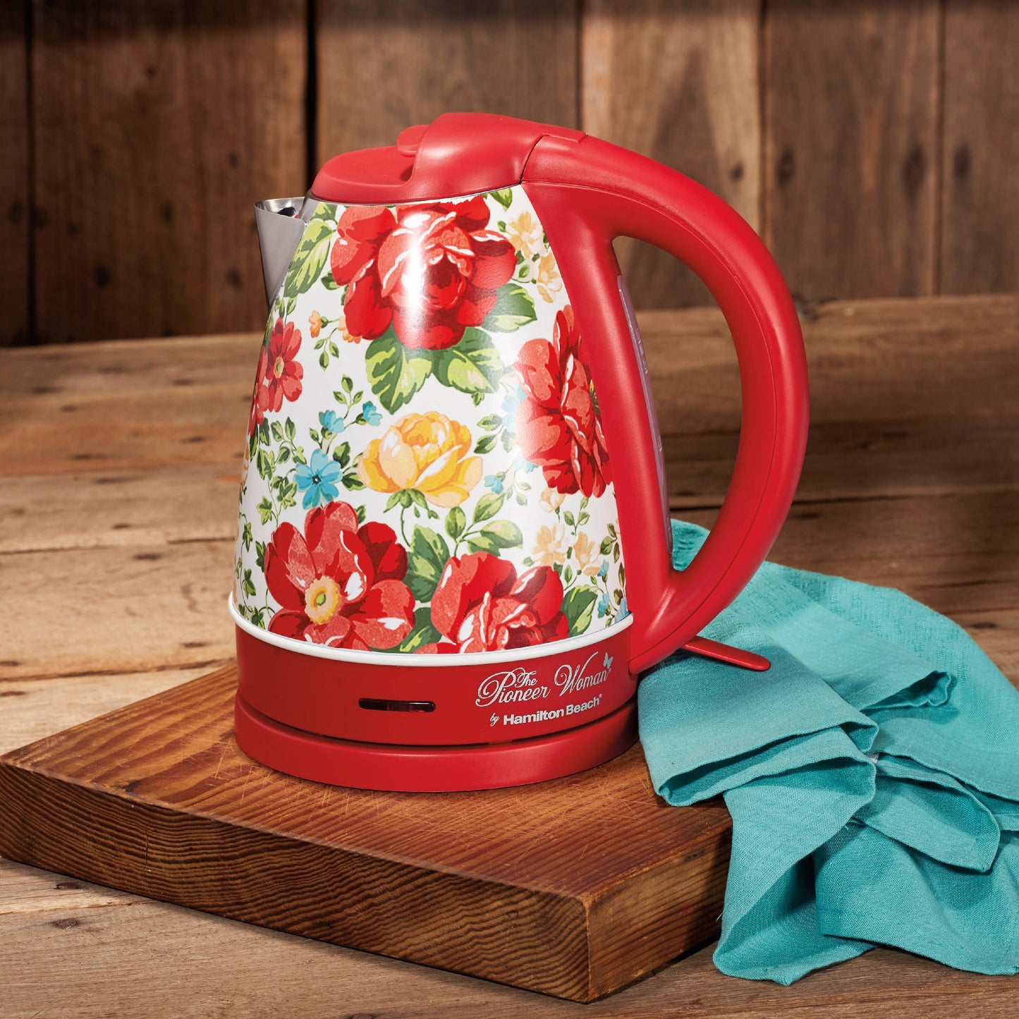 The Pioneer Woman Vintage Floral/Red Electric Kettle, 1.7-Liter