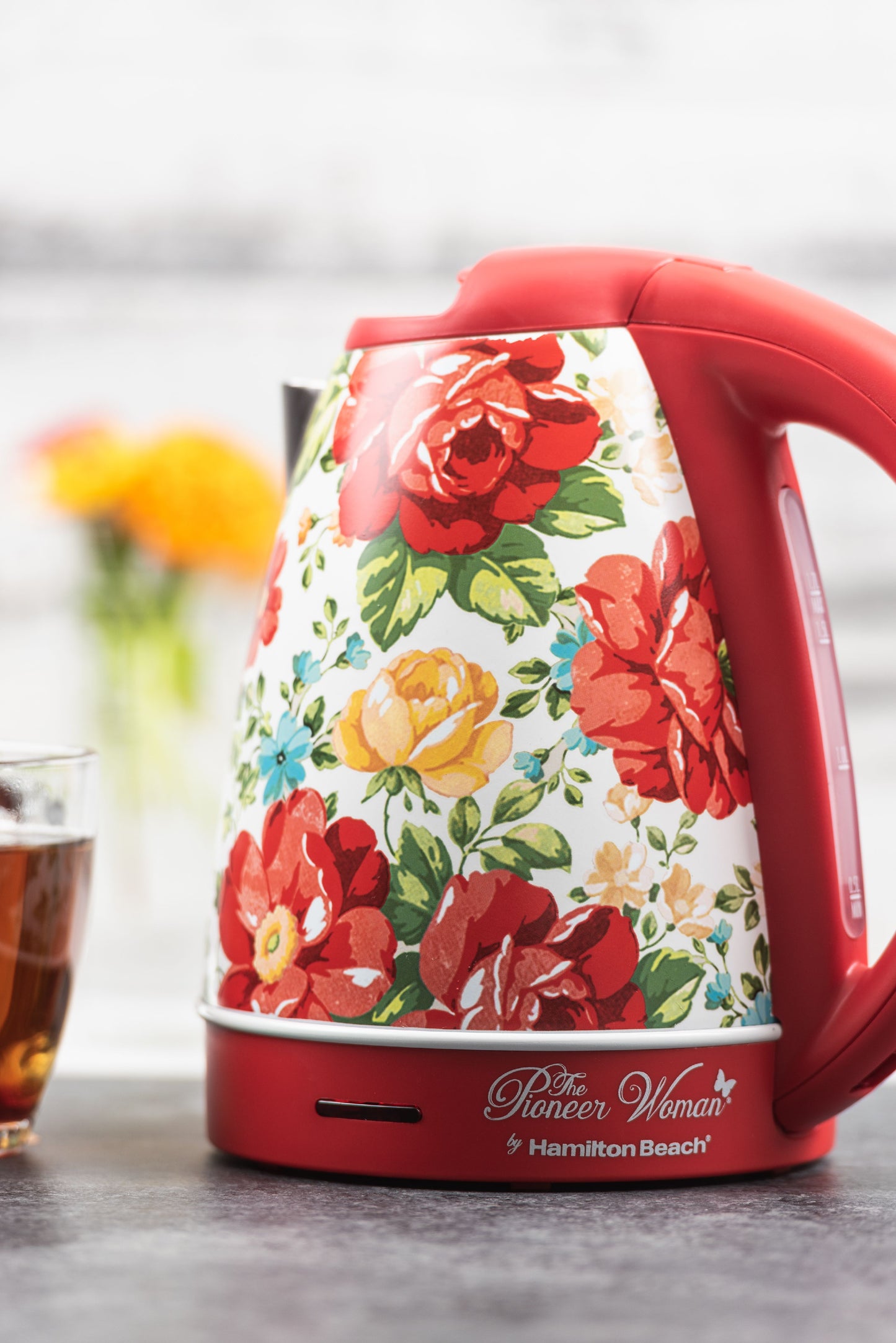 The Pioneer Woman Vintage Floral/Red Electric Kettle, 1.7-Liter